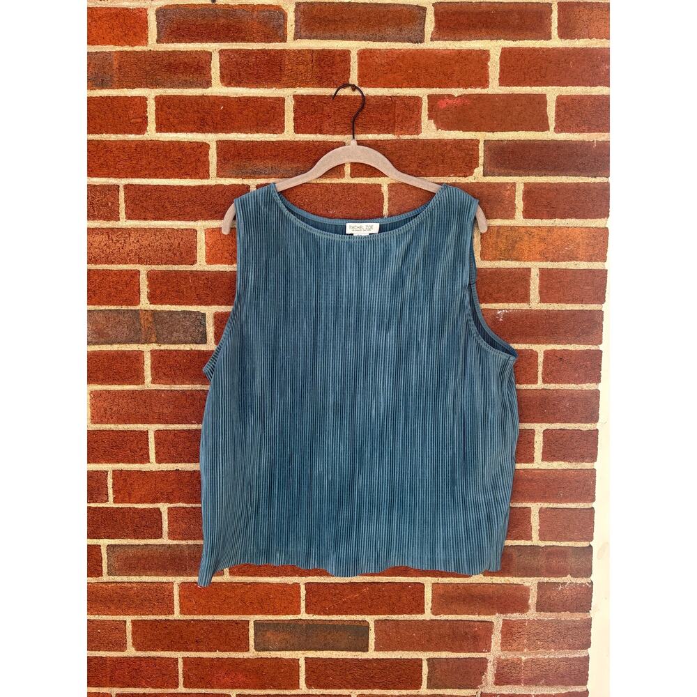 Rachel Zoe Blue Pleated Velvet Sleeveless Tank Top XL Textured Stretch Blouse - Picture 2 of 12